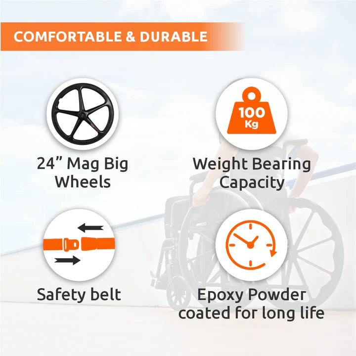 Rodeo Veer Mag Wheel | WheelChair With Fixed Handle | Swingable Footrest | Weight Capacity 100kg