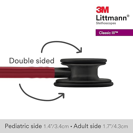 3M Littmann Classic III Monitoring Stethoscope, Black-Finish Chestpiece, stem and headset, Burgundy Tube, 27 inch, 5868
