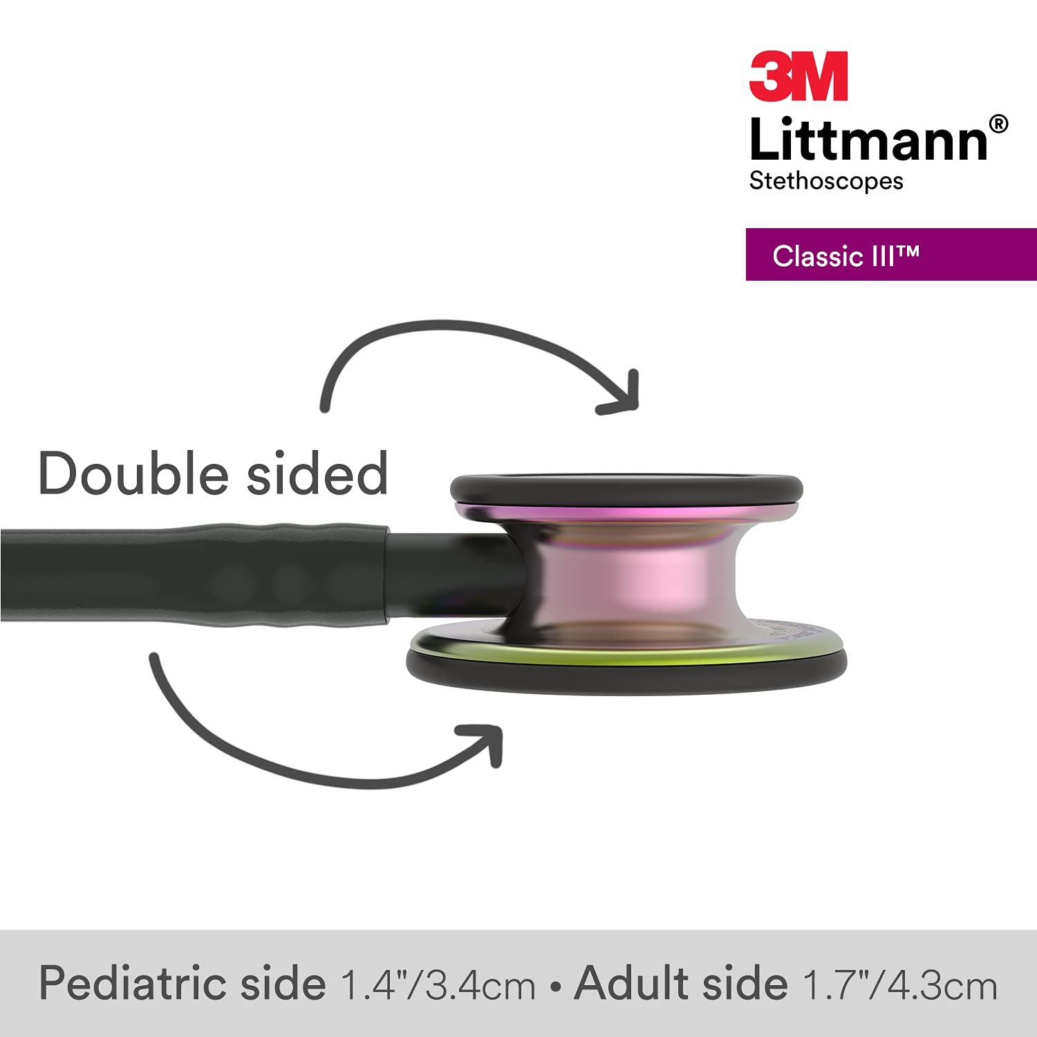 3M™ Littmann® Classic III™ Monitoring Stethoscope, Rainbow-Finish Chestpiece, black stem and headset, Black Tube, 5870