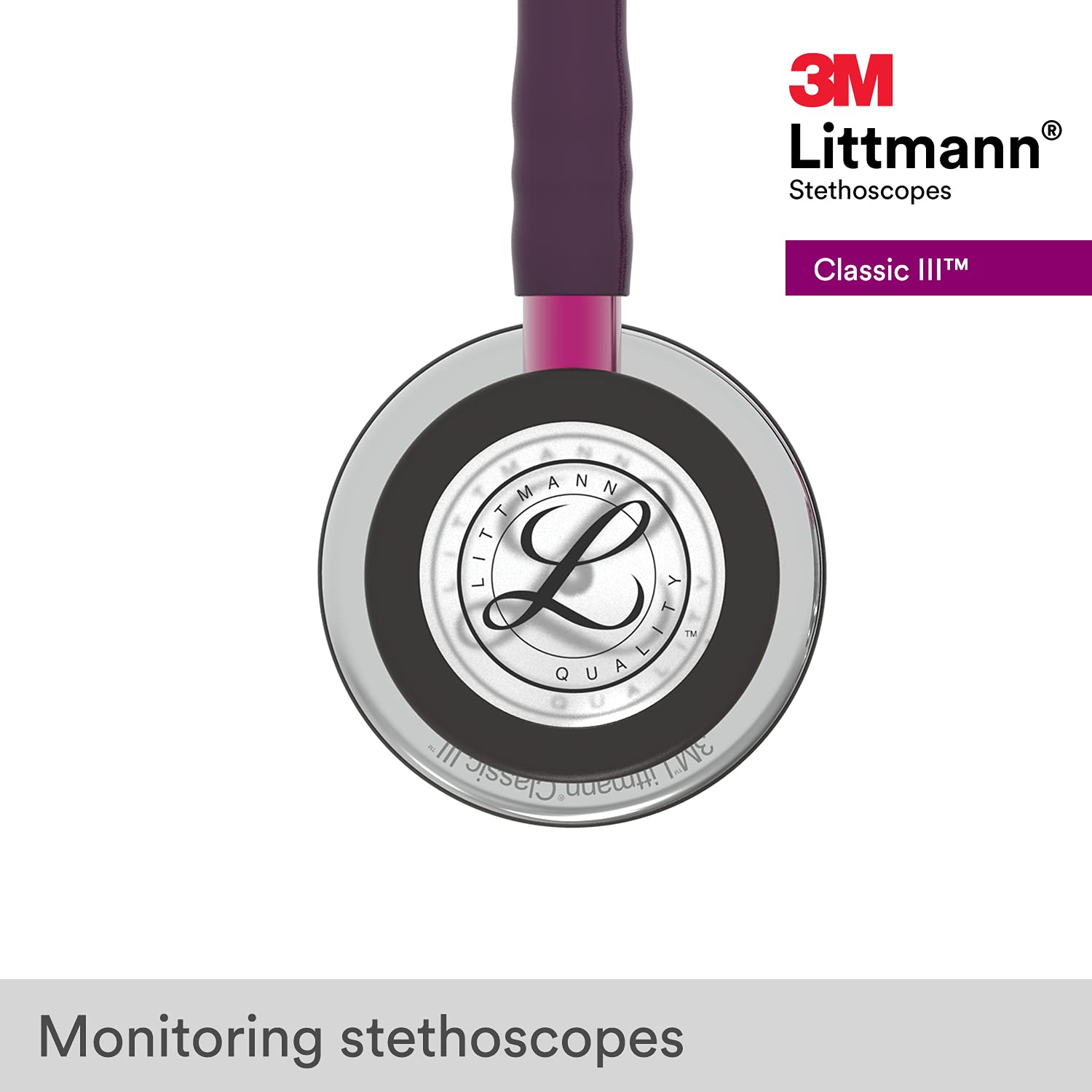 3M™ Littmann® Classic III™ Monitoring Stethoscope, Mirror Chestpiece, Pearl Pink Tube, Pink Stem and Smoke Headset, 27 in, 5962