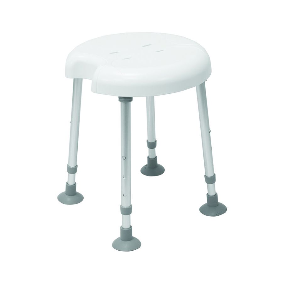 Round shower stool with adjustable legs on a white background