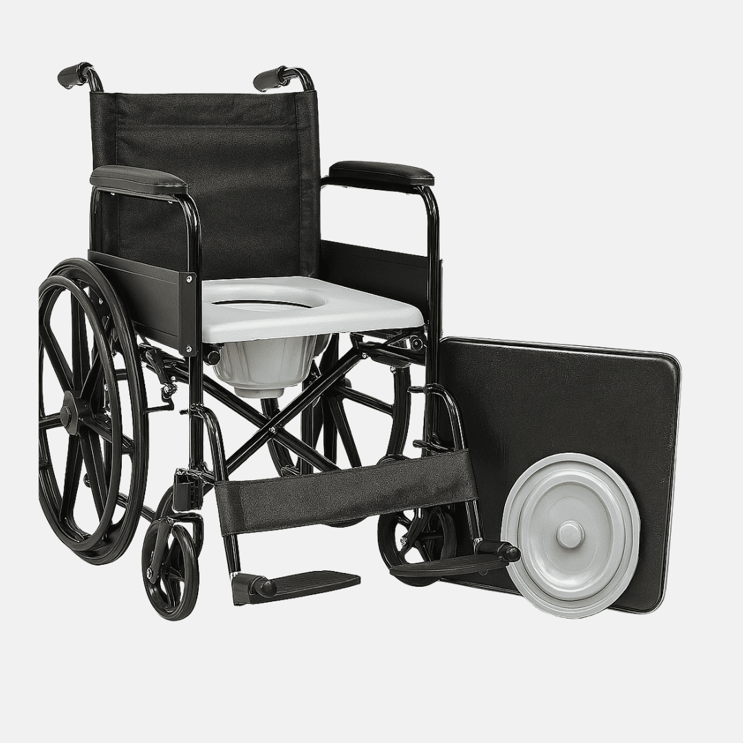 Wheelchair with attached toilet seat