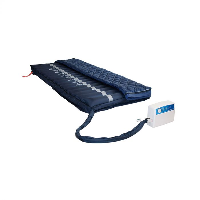Blue air mattress with control unit on a white background