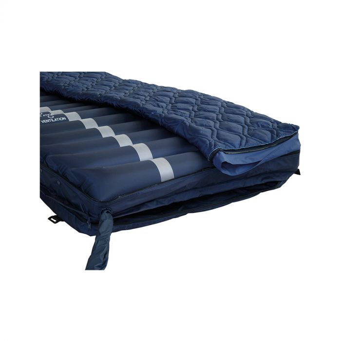 Blue inflatable sleeping pad with quilted cover on a white background