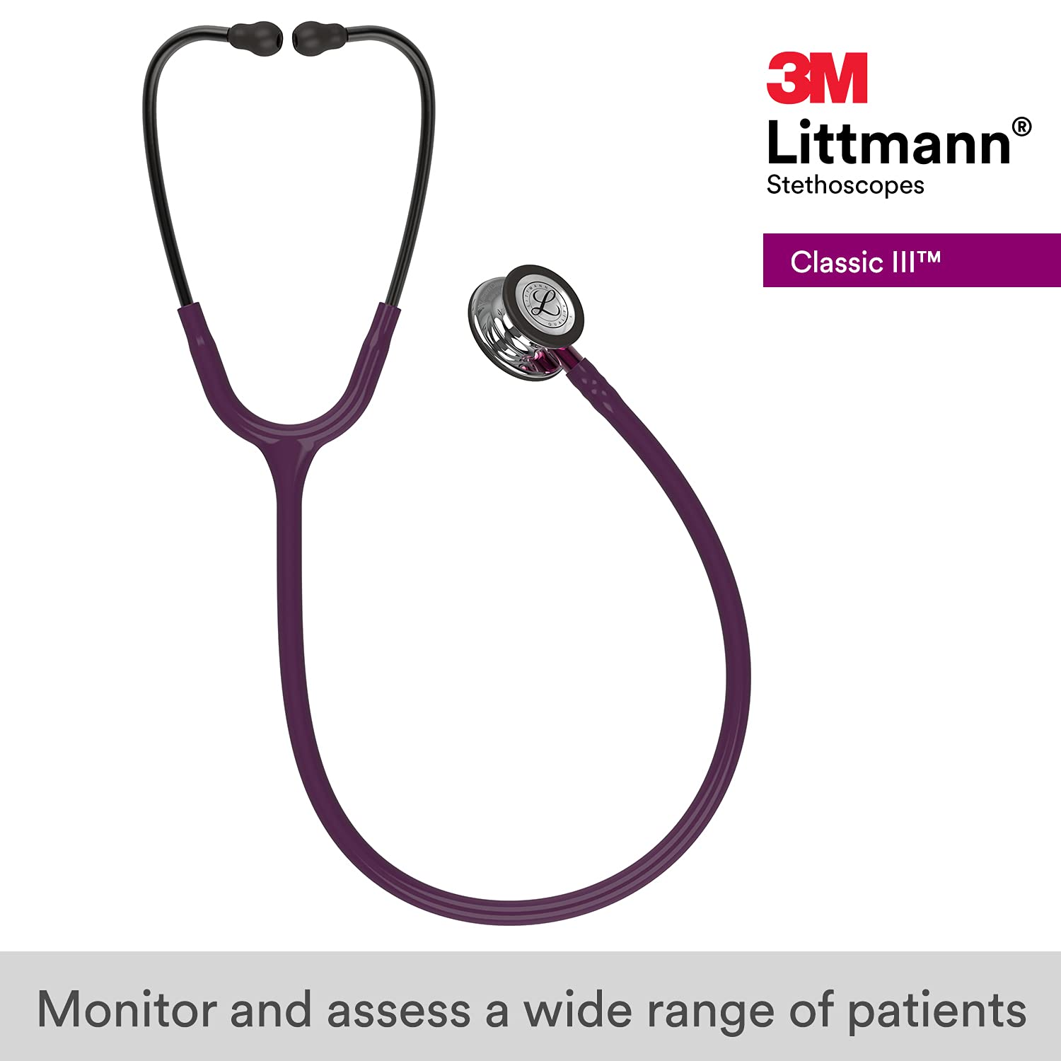 3M™ Littmann® Classic III™ Monitoring Stethoscope, Mirror Chestpiece, Pearl Pink Tube, Pink Stem and Smoke Headset, 27 in, 5962