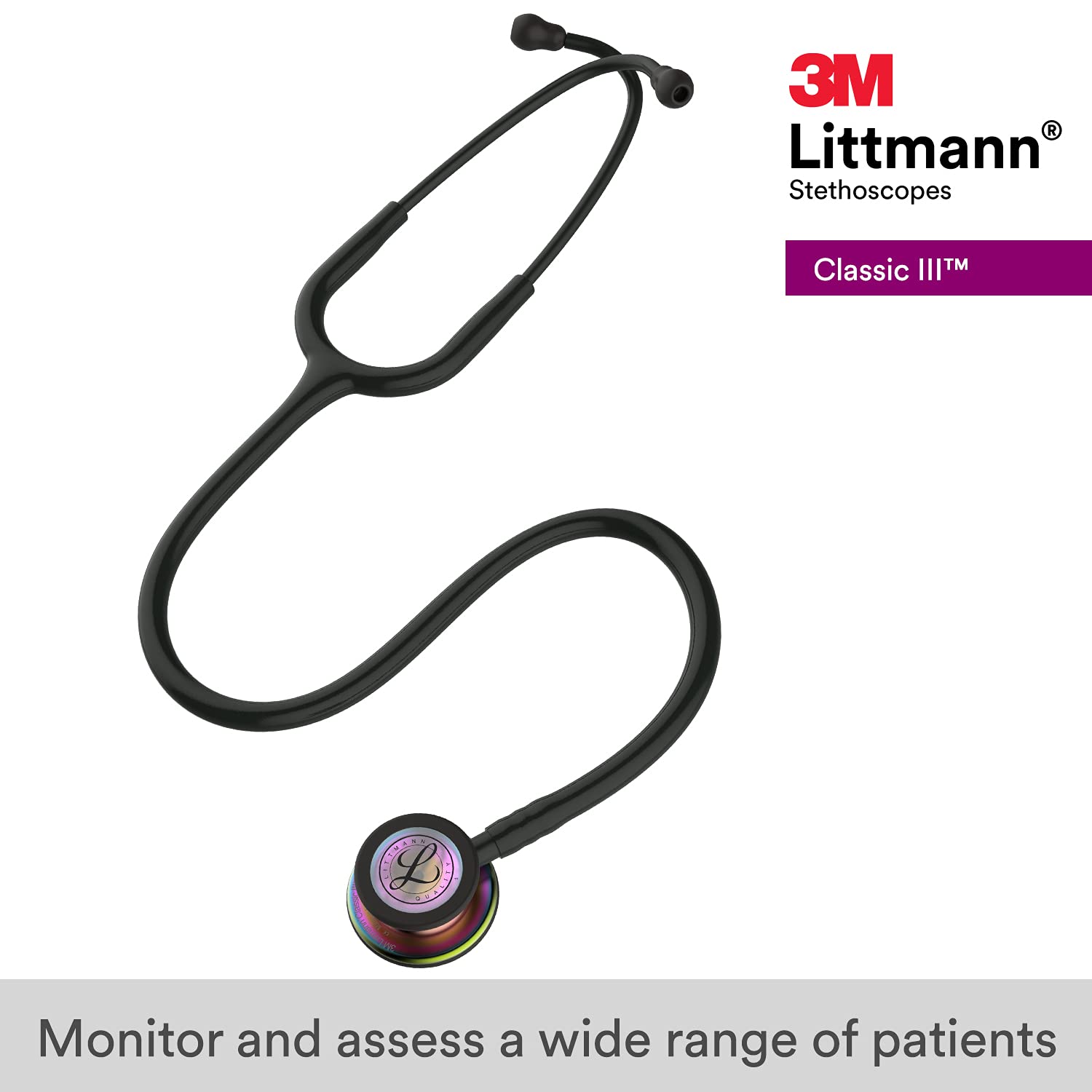 3M™ Littmann® Classic III™ Monitoring Stethoscope, Rainbow-Finish Chestpiece, black stem and headset, Black Tube, 5870