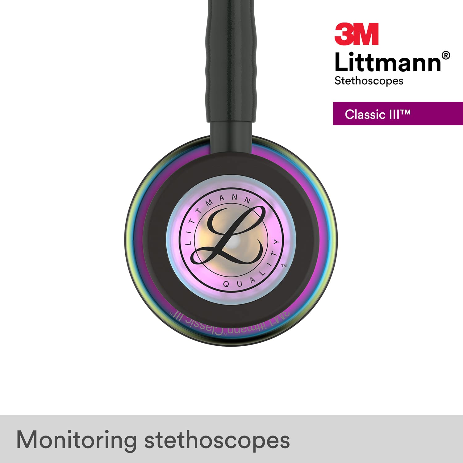 3M™ Littmann® Classic III™ Monitoring Stethoscope, Rainbow-Finish Chestpiece, black stem and headset, Black Tube, 5870