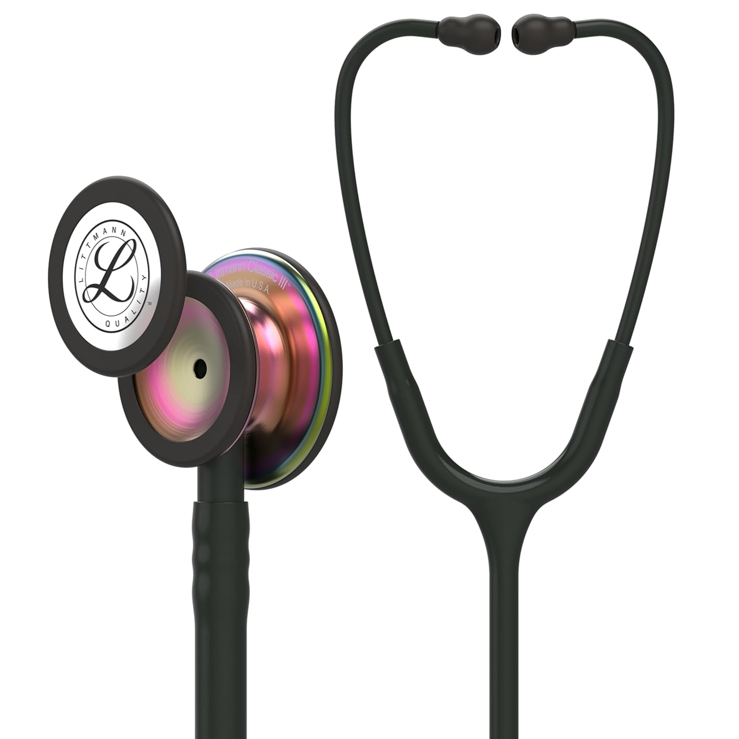 3M™ Littmann® Classic III™ Monitoring Stethoscope, Rainbow-Finish Chestpiece, black stem and headset, Black Tube, 5870
