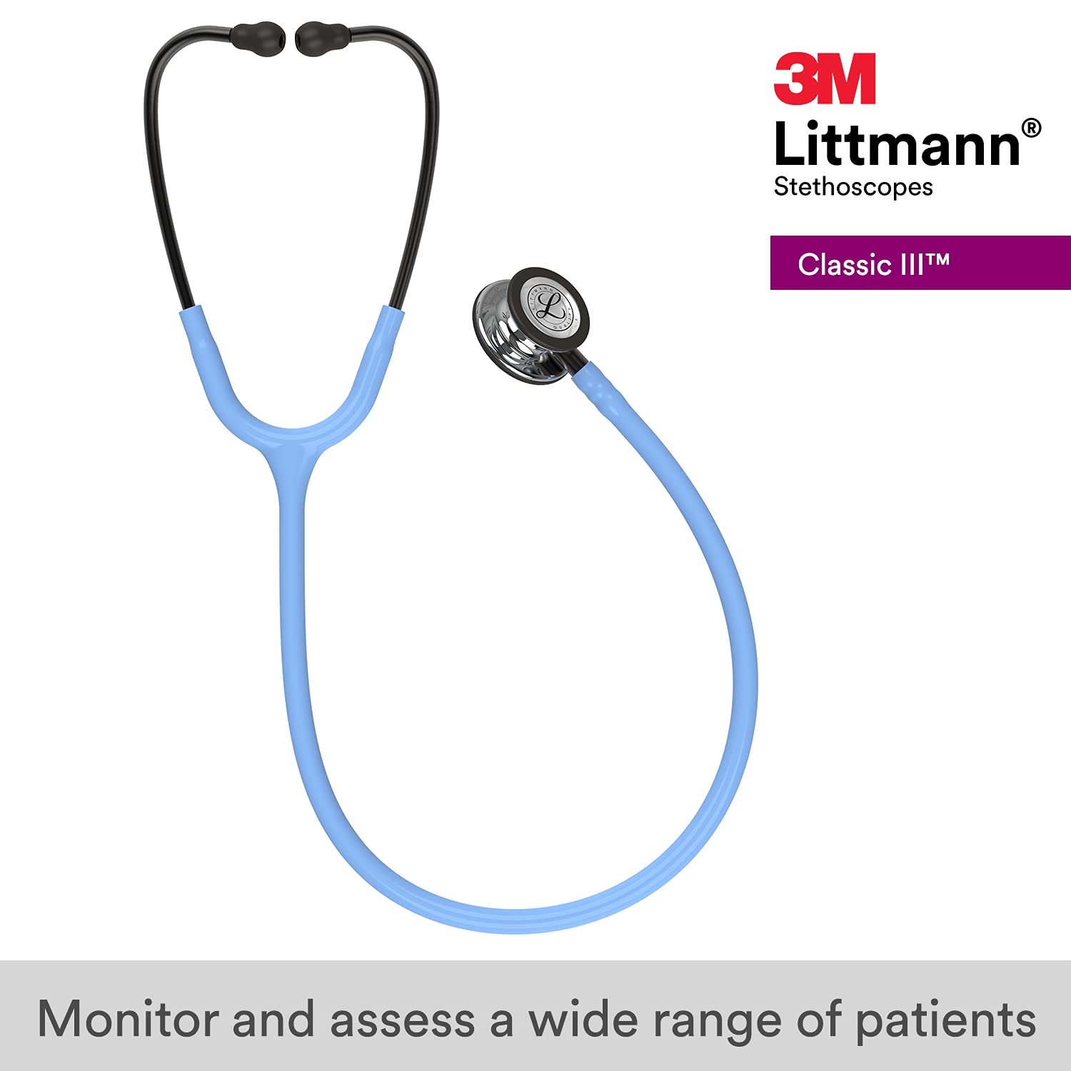 3M™ Littmann® Classic III™ Monitoring Stethoscope, Mirror Chestpiece, Ceil Blue Tube, Smoke Stem and Smoke Headset, 27 in, 5959