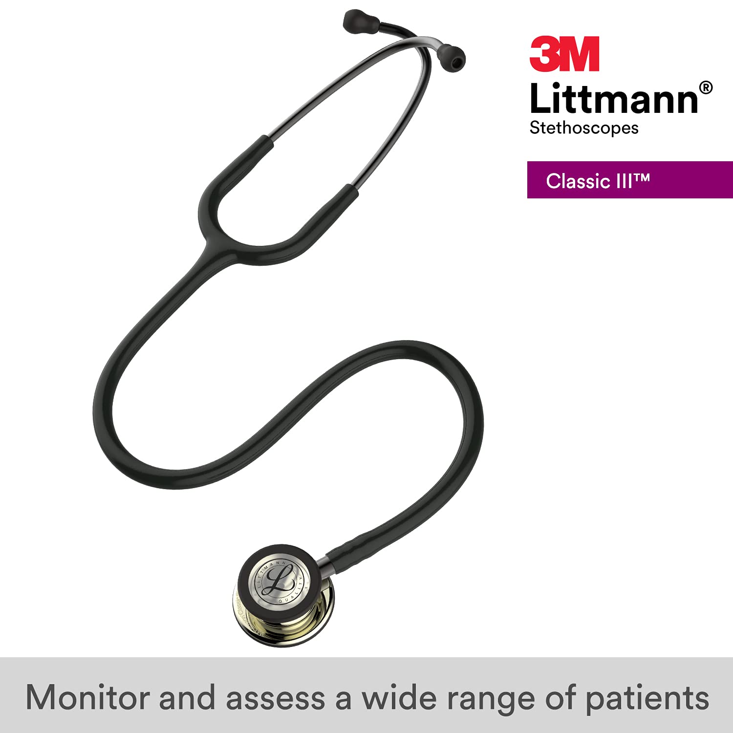 3M™ LITTMANN® CLASSIC III™ STETHOSCOPE, CHAMPAGNE CHESTPIECE, BLACK TUBE, 27, 5861