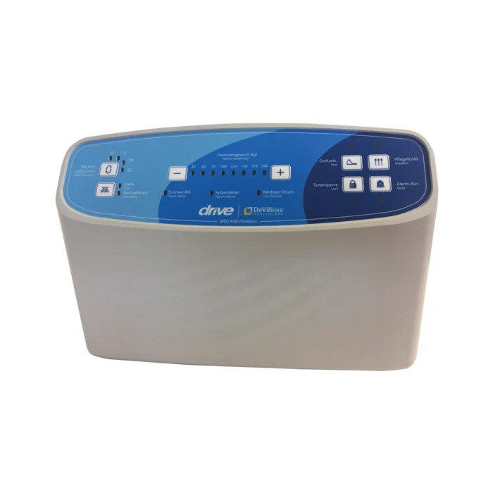 Control panel with blue display and white casing on a white background - Air mattress