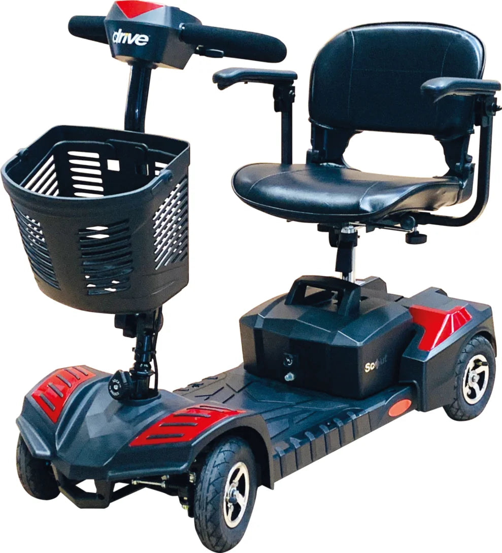 Black and red mobility scooter with basket on a white background