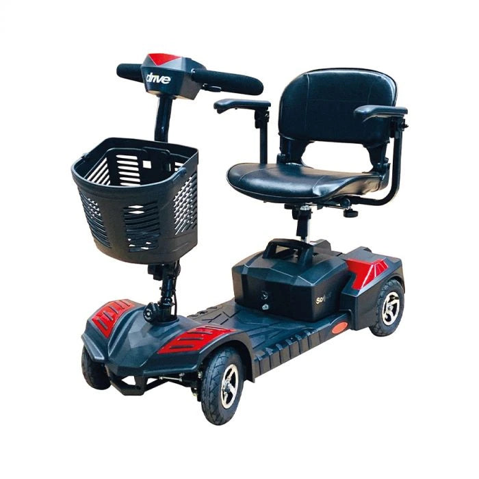 Blue and red mobility scooter with basket on a white background