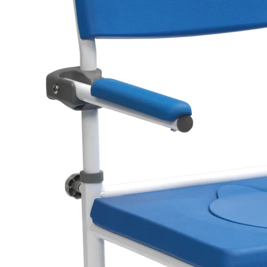 Blue and white folding chair with armrest on a white background