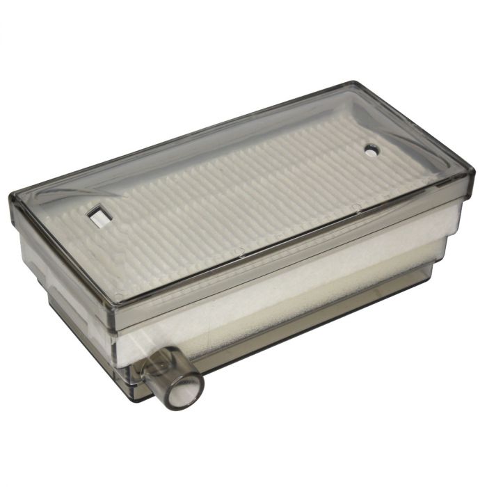 Rectangular plastic filter with a clear top cover on a white background