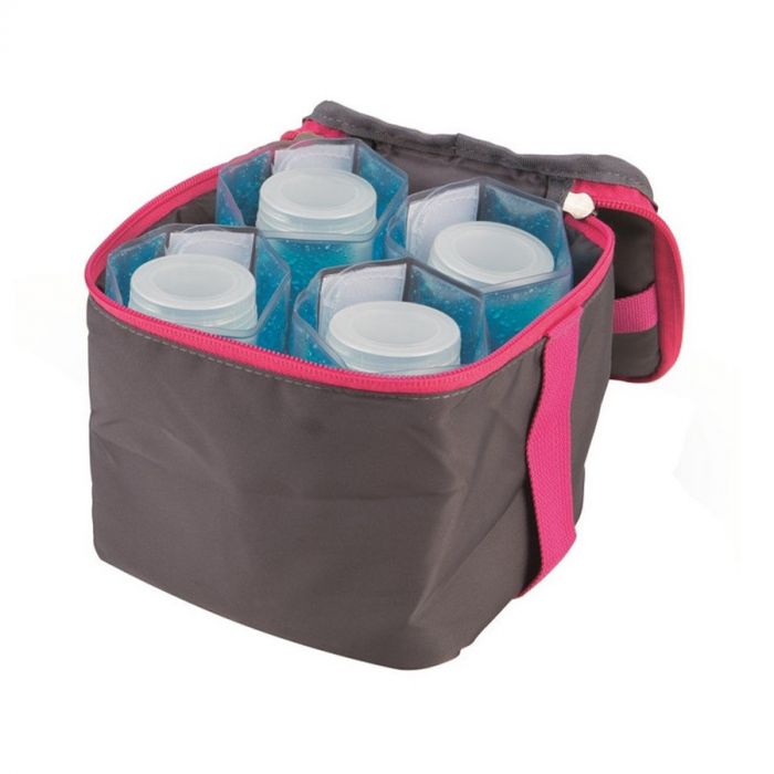 Gray and pink cooler bag with compartments for containers - storage bag for breast milk